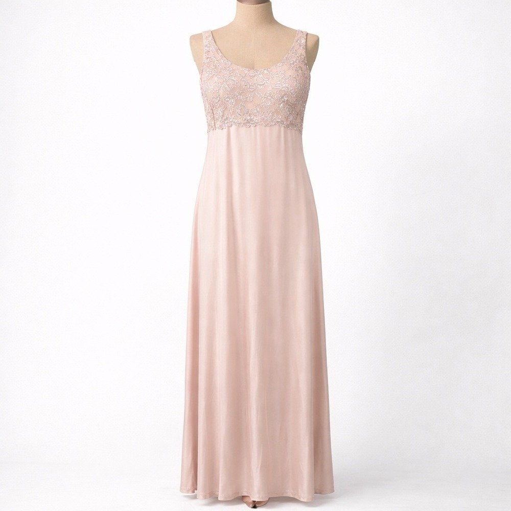 Vintage Embroidered Lace Fairy Satin‎ Maxi Dress Size M Pink Romantic Coquette